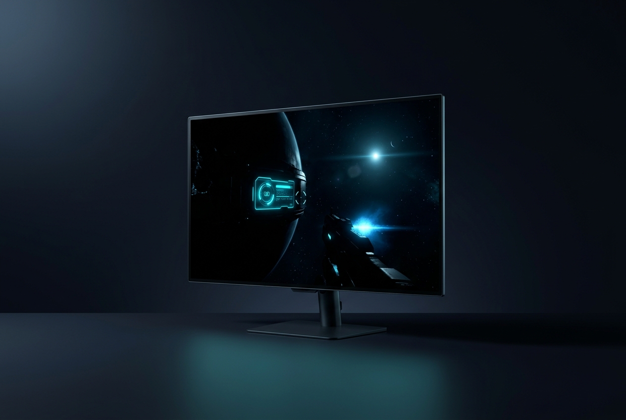 Gaming OLED monitor displaying dark scene with deep black levels and bright highlights